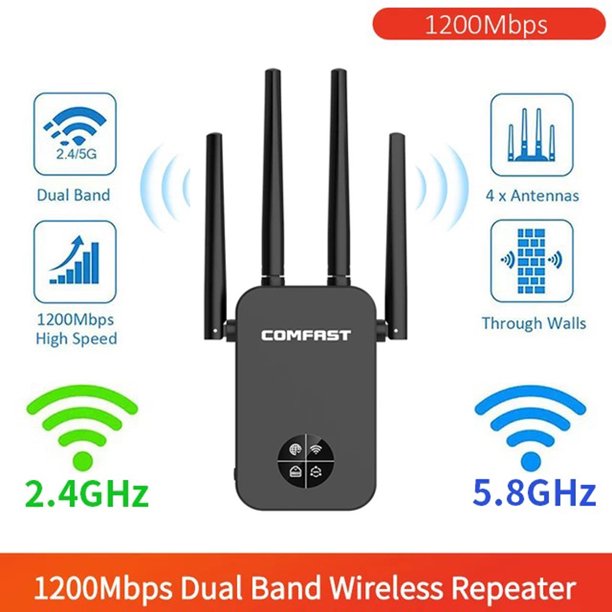 WiFi Range Extender, 1200Mbps Signal Booster Repeater Cover up to 2500  Sq.ft, 2.4 & 5GHz Dual Band WiFi Extender, 4 Antennas 360° Full Coverage  Wireless Internet Amplifier for Smart Home Devices 