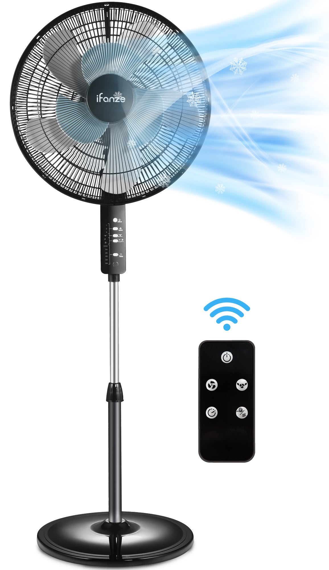 iFanze 16" Dual-Blade Pedestal Fan, 90W Oscillating Standing Fan with Remote, 3 Speeds Settings, 40"- 49" Height Adjustable, 8H Timer, Tilt Head Floor Fan for Bedroom, Living Room, Office Use