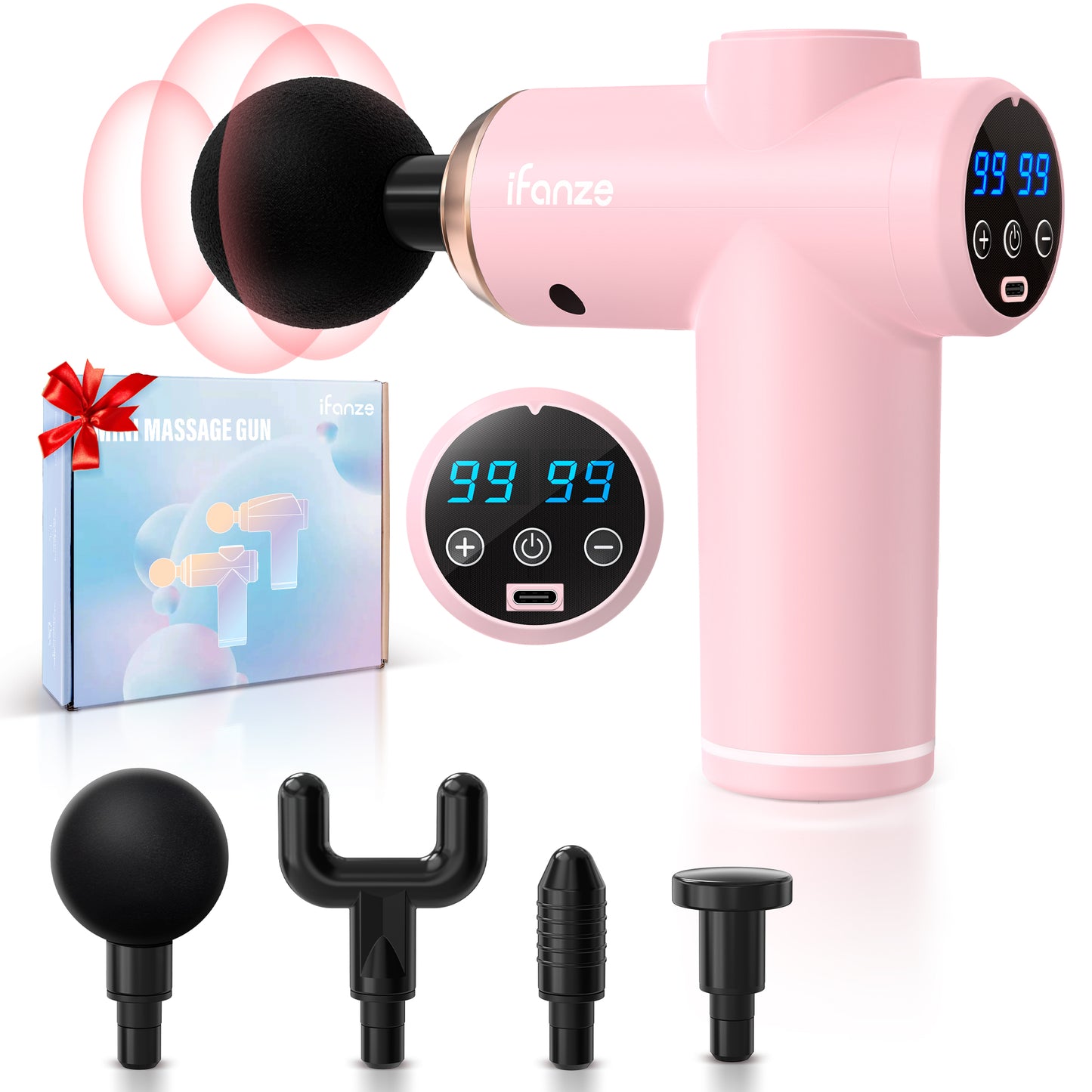 iFanze Mini Massage Gun Deep Tissue, Portable 99 Speeds Ultra Small and Quiet Electric Muscle Massager with 4 Replacement Heads for Gym Office Home Post-Workout Recovery, Pink