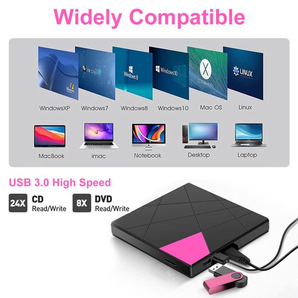 External CD DVD +/-RW Drive Burner USB 3.0 Type-C Portable CD/DVD ROM Optical Player Drive Reader Writer for PC Laptop Desktop MacBook Mac Windows 7/8.1/10 Linux OS Apple