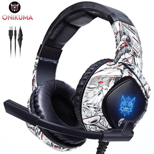 Gaming Headset, ONIKUMA K19 Stereo Bass Surround Headset LED RGB 3.5mm Headphone for PS4 Xbox One Nintendo Switch PC PS3 Mac, Noise Cancelling Mic LED Light, Designed Technically for Gamer