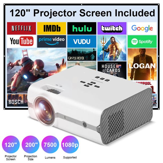 Rioicc Mini Projector, 7500Lumens Projector with 120" Screen, Full HD 1080P Supported Portable Movie Projector, Compatible with Smartphone, HDMI, AV, USB, TV Stick for Outdoor Home Entertainments