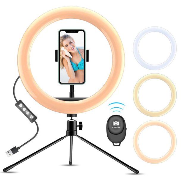 10 Inch Ring Light with Tripod Stand & Phone Holder & Remote Control & 3 Light Modes & 10 Brightness Level, Dimmable LED Selfie Desk Ringlight for Live Streaming Youtube Photography Shooting Makeup