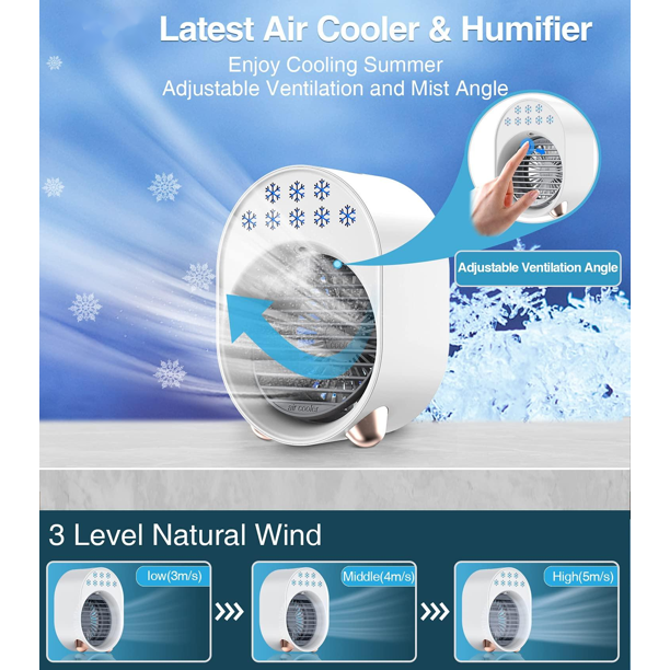 Portable Air Cooler Fan, Bass Air Cooler Fan with 3 Wind Speed, 500ml Capacity, Rapid Cooling & 7 Color Night Light, Mini Humidifier Air Conditioner Fan For Home, Office, Bedroom