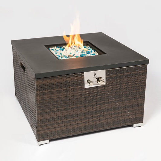 32 in Outdoor Gas Fire Pit Table, Square Wicker Propane Fire Pit Table with Glass Rocks, Brown