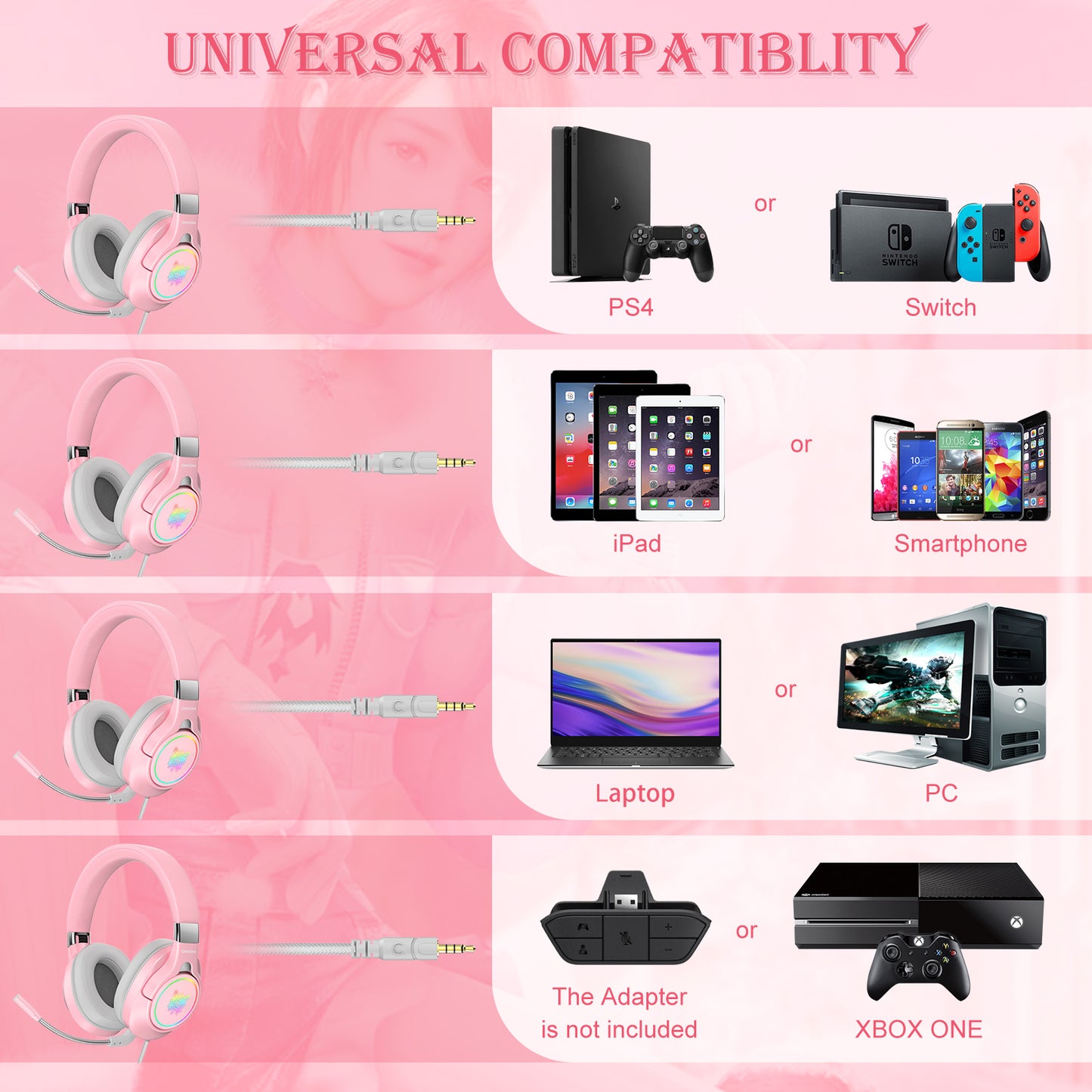 ONIKUMA  Pink Gaming Headset, 3D Stereo Surround Sound RGB Folding Over-ear Gaming Headphones with Detachable 360° Noise Cancelling Mic for PC Laptop PS4 Xbox One Nintendo Switch