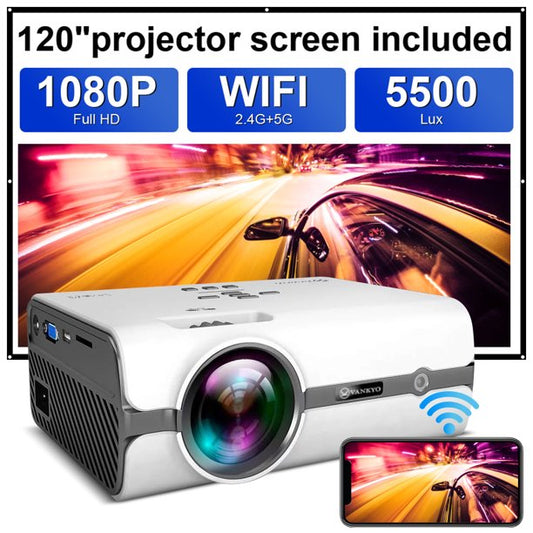 Smart Home Theater Projector, 1080P Portable Home Movie Projector iOS/Android Sync Screen Supported HDMI Projector Bluetooth WIFI Beamer