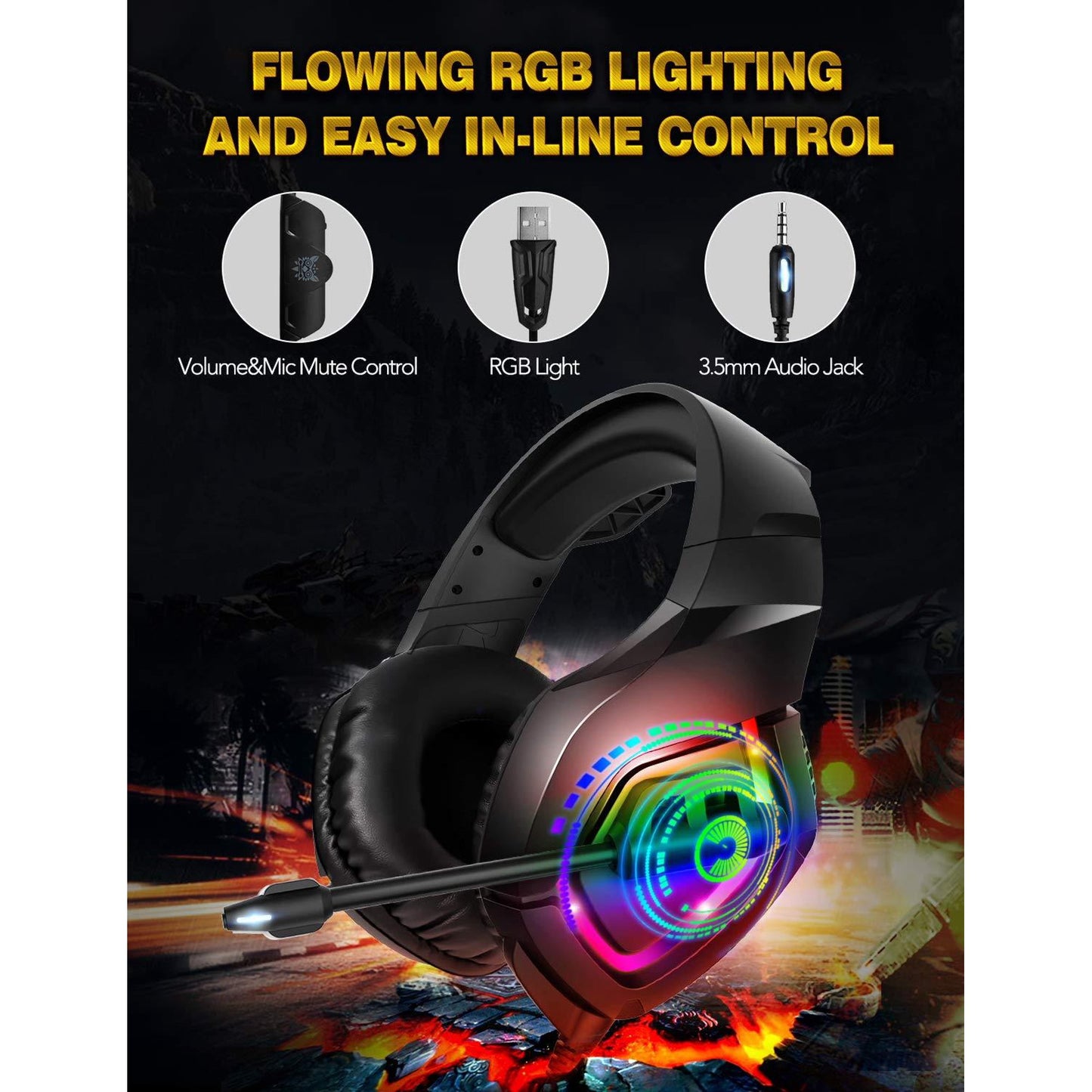 ONIKUMA K1-B Gaming Headsets for PS4, Wired Gaming Headphones with Noise Canceling Mic & RGB Light, Compatible with PS5, Xbox One, PC, Laptop, Nintendo Switch, Mac, Mobile