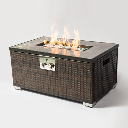 32" X 20" Propane Fire Pit Table, 50,000 BTU Rattan Gas Fire Table with Tile Tabletop for Outdoor Patio and Garden, Brown