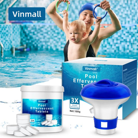 Vinmall 180Pcs Pool Chlorine Tablets, Long Lasting Chlorine Tablets with 3 Inch Floating Chlorine Dispenser, Chlorine Tabs for Small Pool, Spas and Tubs Cleaning