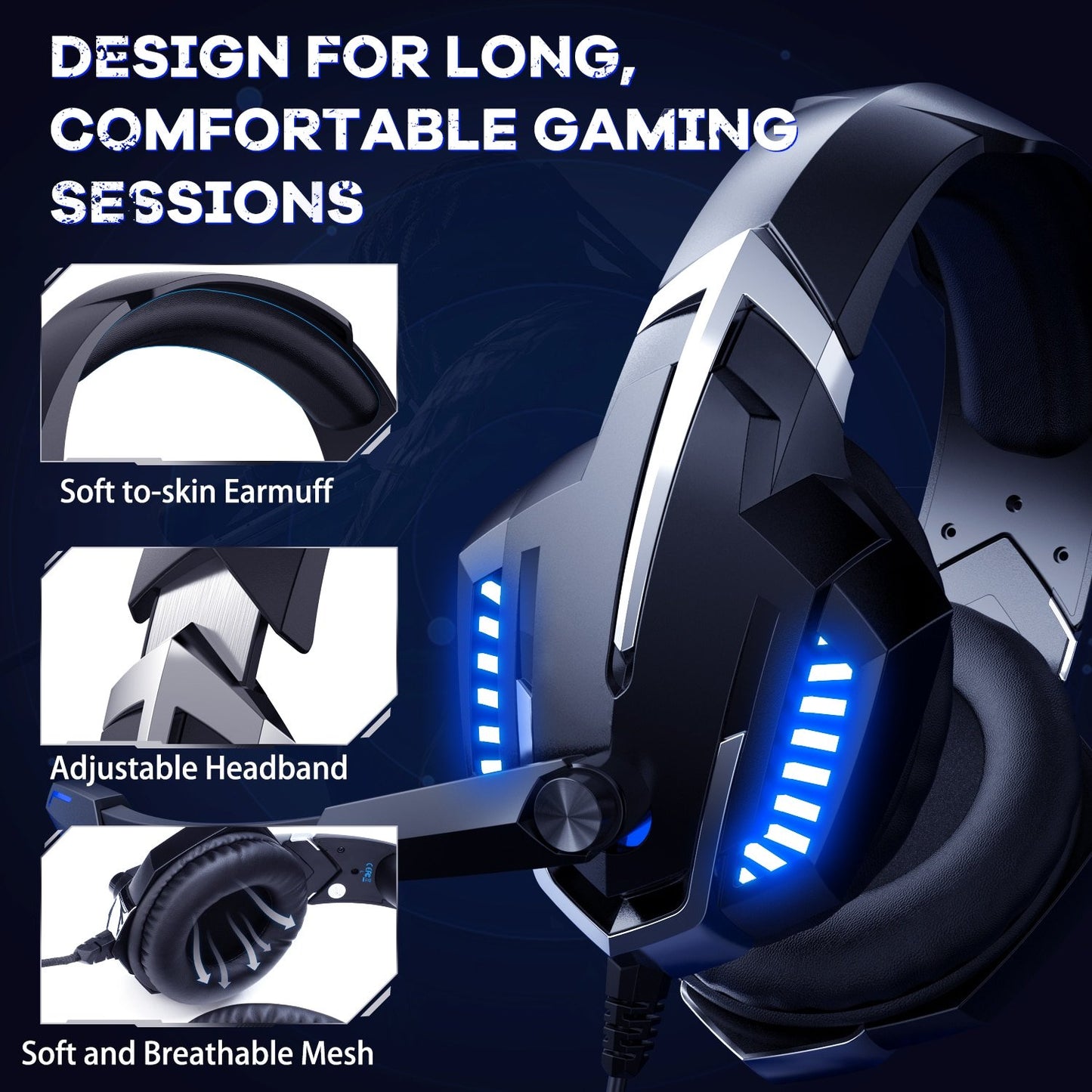 ONIKUMA Gaming Headset for PS4 Xbox One Nintendo Switch, Over-Ear Headphones with Noise Cancelling Microphone and Breathable Ear Pads, Bass Surround Sound & Glowing LED Light