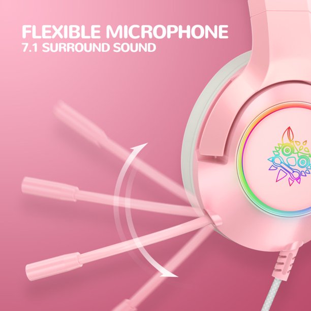 Pink Gaming Headsets with Mic, Compatible with PS4 PS5 Xbox One PC Mobile Phone, Removable Cat Ear Surround Sound Headphone with RGB for Girls Women