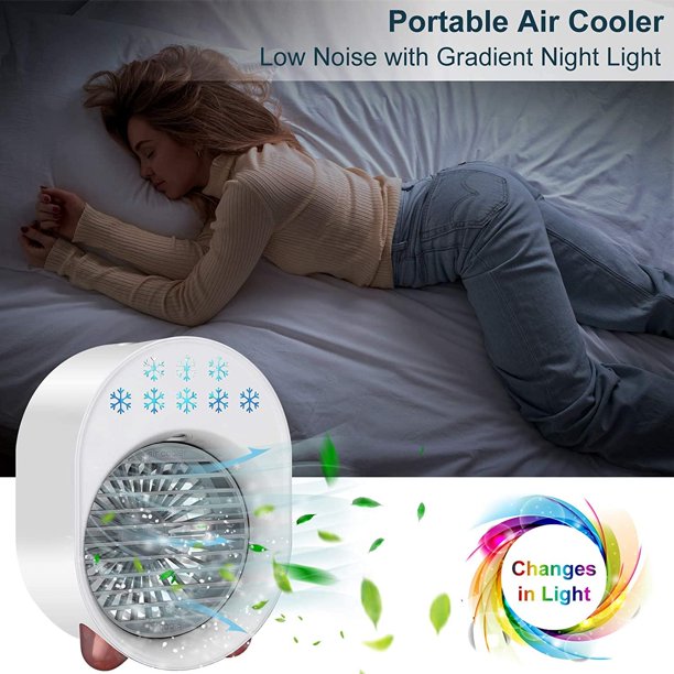 Xpreen Personal Air Cooler Fan, Portable Air Conditioner,4in 1 USB Air Cooling Fan with Colorful Atmosphere Light, Mini Portable AC Desk Misting Fan for Small Room/Office/Dorm/Bedroom/Camping