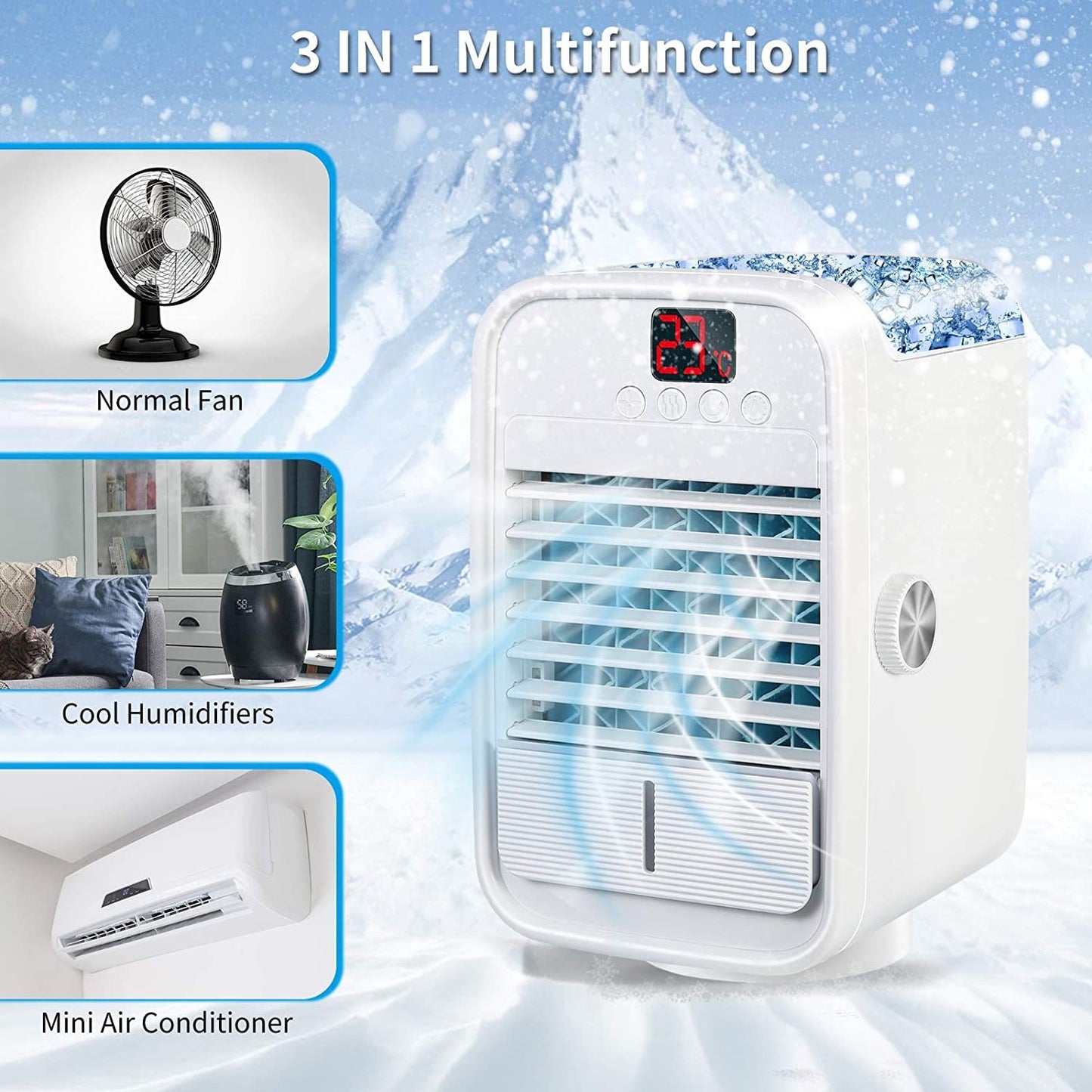 Portable Air Conditioner Fan, Personal Air Cooler Fan with 3 Speed Mode, 120° Wide Angle Swing Head & 7 Colors Night Light, Small Humidifier Air Cooler Desk Table Fan for Home, Office and Room