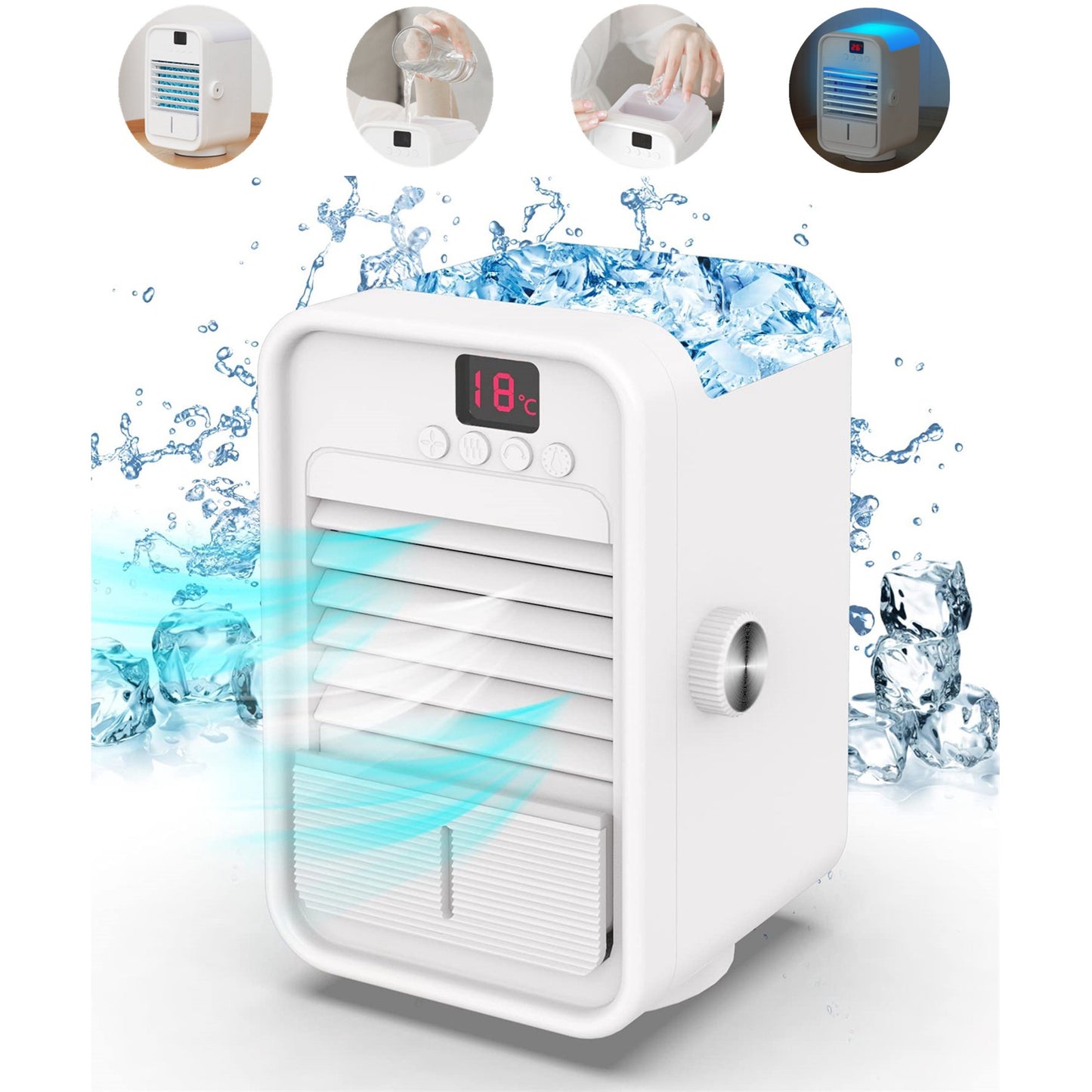 Evaporative Air Cooler Fan, Rechargeable Air Conditioner Fan with Temperature Display, 7 Colors LED Night Light, 120° Wide Angle Swing, White