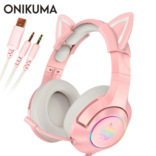 Pink Gaming Headsets with Mic, Compatible with PS4 PS5 Xbox One PC Mobile Phone, Removable Cat Ear Surround Sound Headphone with RGB for Girls Women