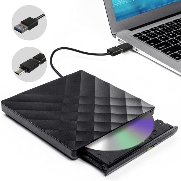 External CD DVD Drive for Laptop, High-Speed Transfer USB 3.0 Slim Portable CD DVD +/-RW Optical Drive Burner Writer Reader with Type-C Adapter for PC Desktops, Compatible with PC Desktop