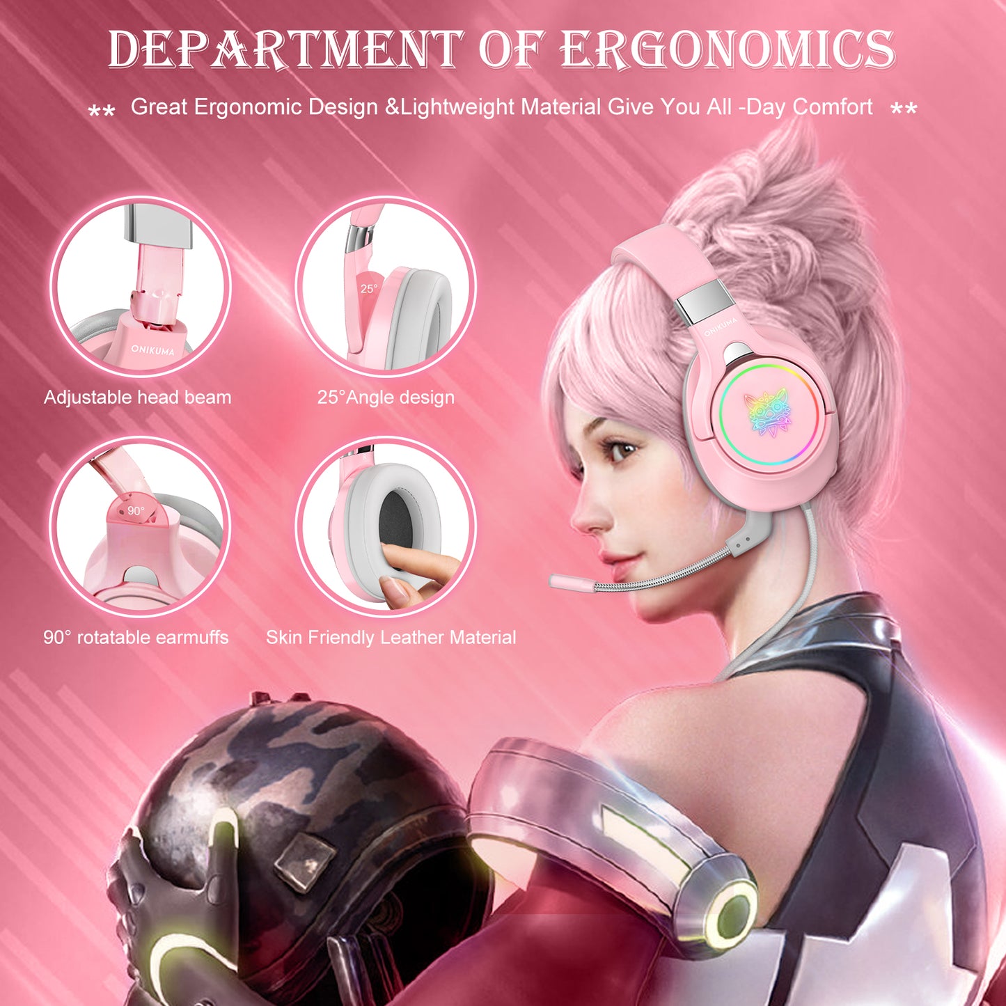 ONIKUMA  Pink Gaming Headset, 3D Stereo Surround Sound RGB Folding Over-ear Gaming Headphones with Detachable 360° Noise Cancelling Mic for PC Laptop PS4 Xbox One Nintendo Switch