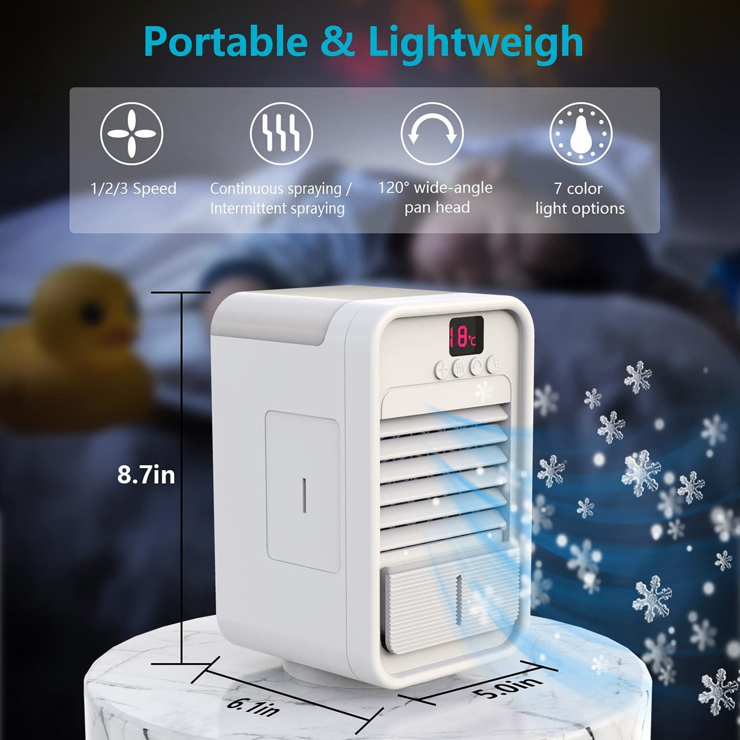 Rechargeable Air Conditioner Fan with Temperature Display, 7 Colors LED Night Light, 120° Wide Angle Swing, White