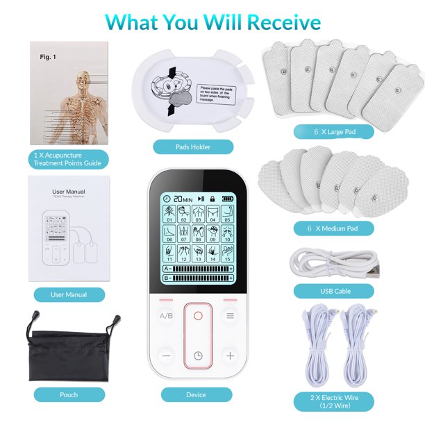 Vinmall TENS Unit Muscle Stimulator ,Rechargeable EMS Dual Channel with 8 Reusable Electrode Pads 15 Modes for Back Neck Pain Muscle Therapy Pain Management Pulse Massager