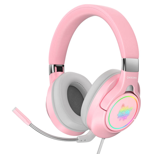 ONIKUMA  Pink Gaming Headset, 3D Stereo Surround Sound RGB Folding Over-ear Gaming Headphones with Detachable 360° Noise Cancelling Mic for PC Laptop PS4 Xbox One Nintendo Switch