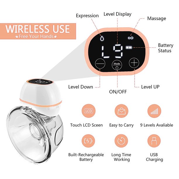 iFanze Wireless Wearable Breast Pump with Low Noise, Portable Electric breast pump hands free with 3 Mode and 9 Levels,Breastfeeding Breastpump With 4 Type Flange, J5, 1pack