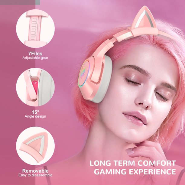 ONIKUMA Pink Gaming Headsets with Removable Cat Ears, Compatible with PC PS4 PS5 Xbox One Mobile Phones,Gaming Headphones with Surround Sound, RGB Backlight & Noise Canceling Retractable Microphone